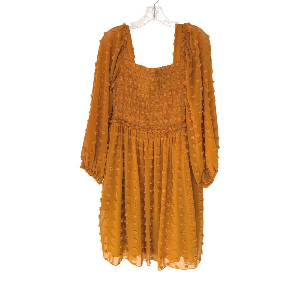 Women's Mustard Yellow Swiss Dot Smocked Mini Dress Long Sleeve XL Boho Maiden